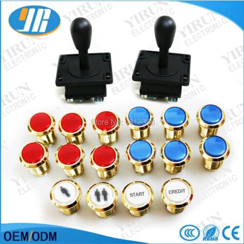 2 pcs arcade joystick + 16pcs 12V LED Illuminated button Chrome plated gold Push Button With Microswitch for DIY arcade kit