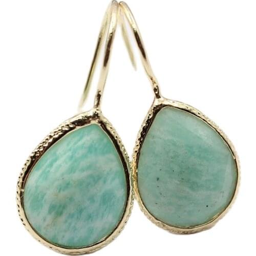 GG Jewelry Natural Green Amazonites Gold Color Plated Dangle Hook Real Stone Earrings Cute For Women Girl Gift