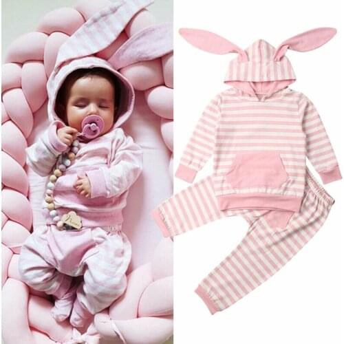 0-24M Infant Newborn Baby Girl Clothing Set Striped Rabbit Ears Hooded Top Pants Autumn Baby Girl Costumes Easter