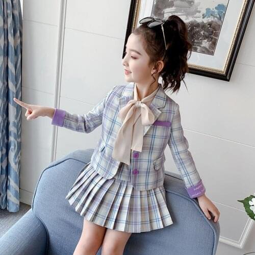 Summer School Girls Outfits Long Sleeve Tops and Skirts 2Pcs Korean Children Clothing Set 2 Piece Sets for Kids 12Y