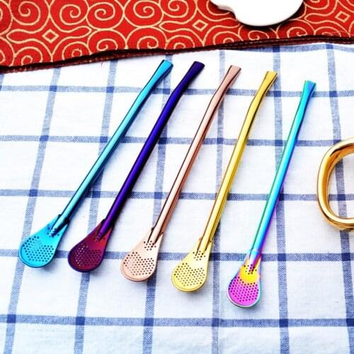 Stainless Steel Straw Spoon Coffee Mixing Spoon Creative 2 In1 Hot Drink Residue Juice Tea Filter Drinking Spoon Hot Sell