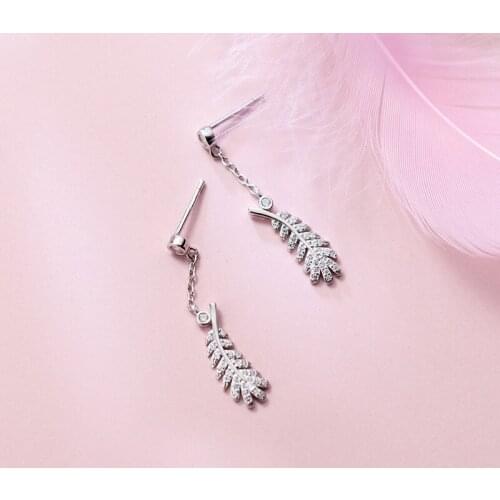 MloveAcc Luxury Pure 925 Sterling Silver Feather Leaf CZ Drop Earrings for Women Girls Engagement Wedding Ear Jewelry