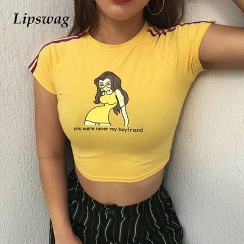 Fashion Cartoon Printed Short Sleeve Crop Tops Sexy Women 2021 Summer O-Neck Slim Tee Elegant Ladies Skinny T-Shirts Streetwear