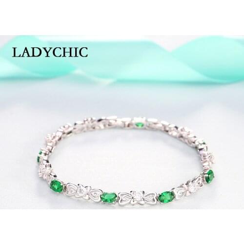 LADYCHIC Fashion Crystal Bowknot Bracelet for Women Brilliant Green Zirconia Silver Color Bangle Jewelry Accessories Gift LB1009