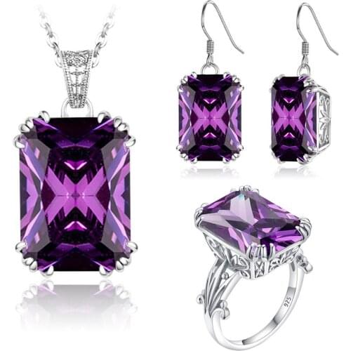 Szjinao Silver Jewelry Set for Women Real 925 Sterling Silver Purple Crystals Earrings Pendant Ring Set Vintage Fine Jewelry New