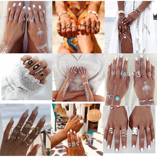 Boho Mixed Golden Coconut Tree Leaves Moon Star Sun Elephant Animal Geometric Crystal Ring Set Wedding Party Jewelry Accessories