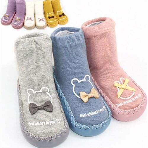 3-Pairs Fashion Bowknot Baby Socks W Rubber Soles Infant Sock Newborn Autumn Winter Children Floor Shoes Anti Slip Soft Sole