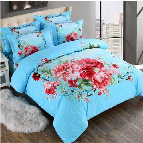New Blue Red 100% Cotton Sanding Printed Flower Bedding Set Luxury Royal Bed Sheet set Duvet Cover Pillowcase Queen King 4pcs