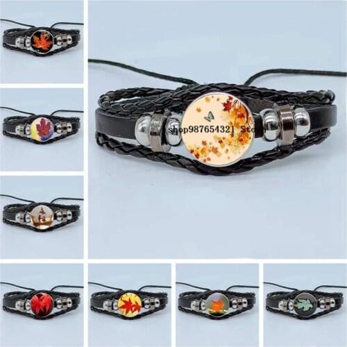 New Arrival Red Maple Leaf Keychain Unique Style Charming Picture Elegant Jewelry Cabochon Glass Bracelet Anniversary Gift