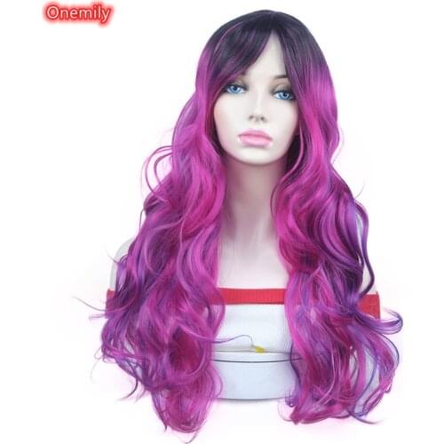 Onemily Long Wavy Halloween Costume Party Cosplay Wigs Heat Resistant Synthetic Natural Women Curly Wig Black Pink Mix