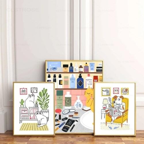 Cartoon Dog Cat Day Poster Minimalism Prints Canvas Painting Wall Art Pictures for Living Room Nordic Girl Boy Kids Room Decor