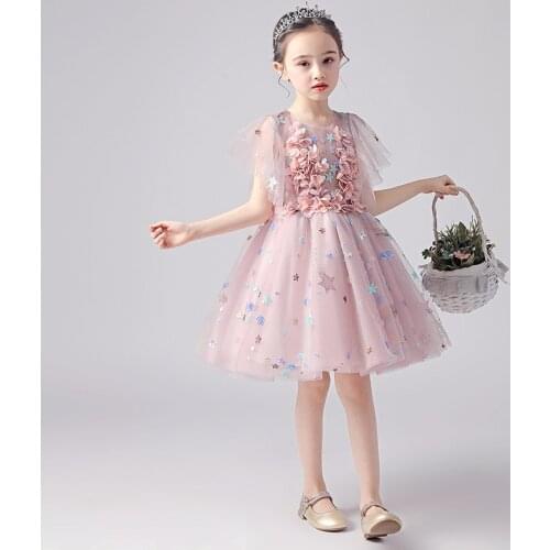 Pink Appliques Childrens Princess Dress Kids Wedding Dress Flower Evening Dress Girl Baptism Pageant Gown christmas costume