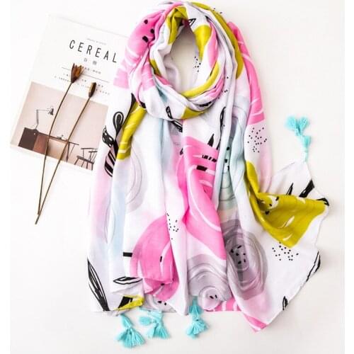 Ethnic style Autumn and winter Womens Cotton and linen beach Shawl lady Seaside silk Scarf Cartoon Print Tassels blanket scarf