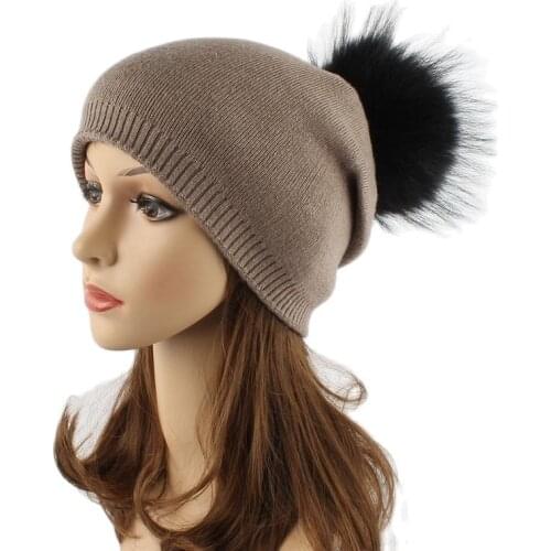 Real Fur Ball Winter Hat Caps Women Kitted Thicken hat beanies cap brand New thick female cap Solid Color