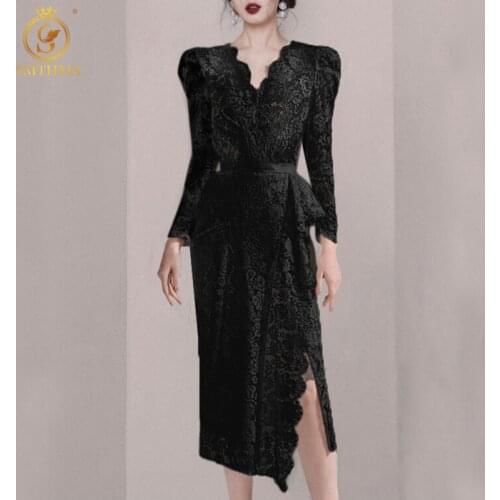 SMTHMA New Fashion Sexy V-Neck Temperament Slim Lace Hollow Out Dress Womens Long-Sleeved High-End Ladies Ruffle Dress Vestidos