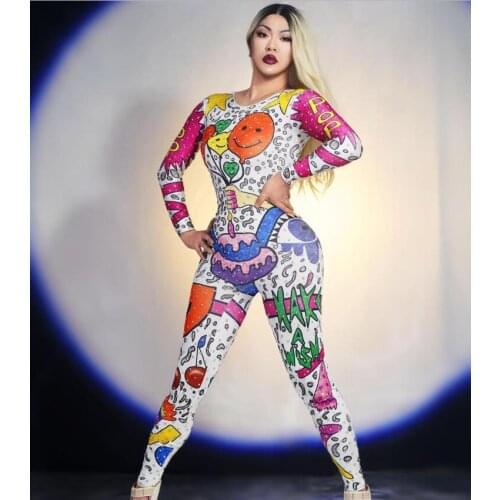 Cartoon Printed Stretch Jumpsuit Female Singer Show Nightclub Stage Wear Prom Party Outfit Women Birthday Doodle Leggings