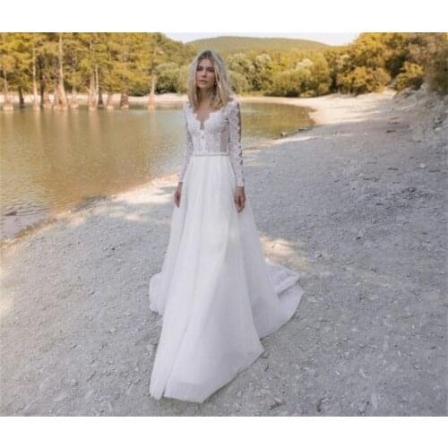 V-Neck Wedding Dress Lace Back Sheer Long Sleeve Sweep Train A-Line Bridal Dress Arabic Wedding Gowns vestido novia Robe De