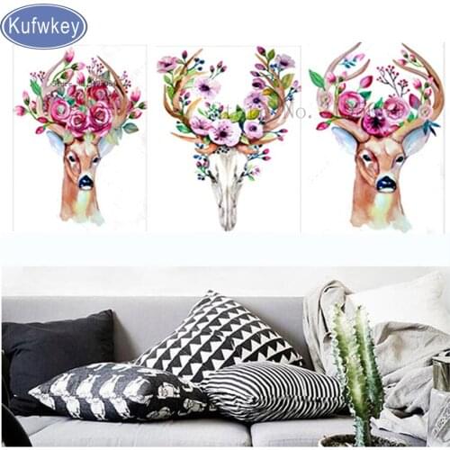 Triptych diy Diamond Embroidery Drill diamond Painting Wall Art deer flowers Decoration pictures wall sitting room 3pcs Crafts
