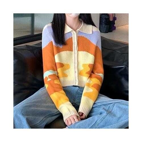 Knitted cardigan 2021 autumn new womens contrast Lapel Long Sleeve Jacket Womens Retro cardigan sweater COTTON