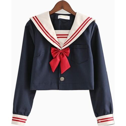 Japanese School Uniform For Gilrs Cute Long Sleeve Navy Blue Tops Pleated Skirt Sailor Uniforms Student Cosplay Costume Suit