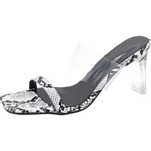 Women sandals PU Slip On 7CM Thick heel High heels Square Toe Serpentine Shallow women shoes sandalias mujer 2020 size 35-42