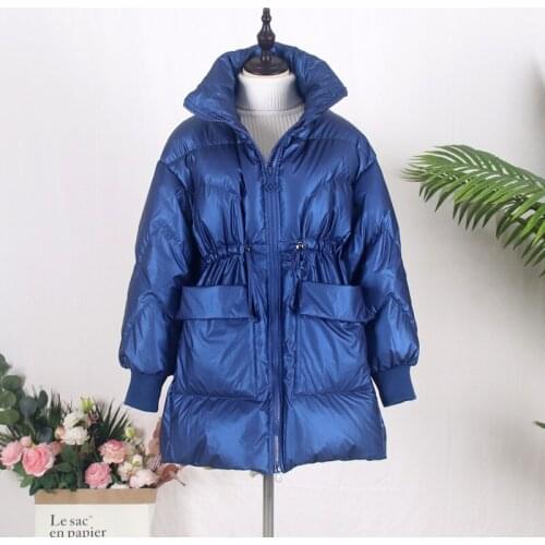 2020 Autumn Winter Bright Surface down Jacket Women Drawstring White Duck down Coats Big Pocket Loose Thick Oversize windbreaker