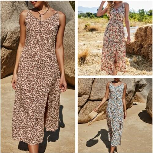 Female Beach Dress Floral Print V-Neck Sleeveless One-Piece Close-Fitting Sundress for Summer S/M/L/XL