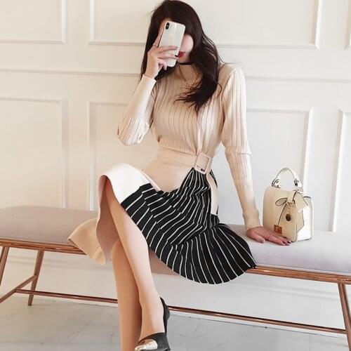 2021 New Women Winter Korean Style Temperament Knit Sweater Dresses Female Long Sleeve Big Swing Patchwork Midi Vestidos