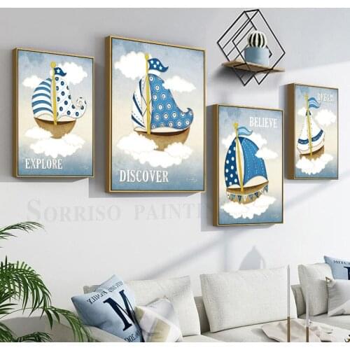 Canvas Painting With Frame Cartoon Sailboat Posters Prints Pictures for Childrens Room Bedside Home Decoration Artwork Wall Art