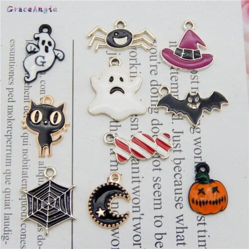 10Pcs/10pair Alloy Halloween Hat Ghost Spider Net Candy Cat Bat Necklace Party Jewelry Findings pumpkin Moon DIY Anklet Keychain