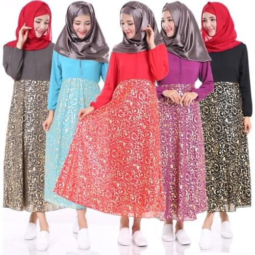 2Pcs/Lot Robe Chiffon Long-Sleeved Dress Arabian Robes Silk Muslim Muslim Robes Abaya Dress Gold Color Printing Silk Clothing