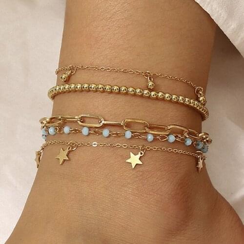 European And American Fashion Wild Cross Hollow Multi-Layer Foot Ornaments Women Simple Multiple Stars And Round Beads Anklets