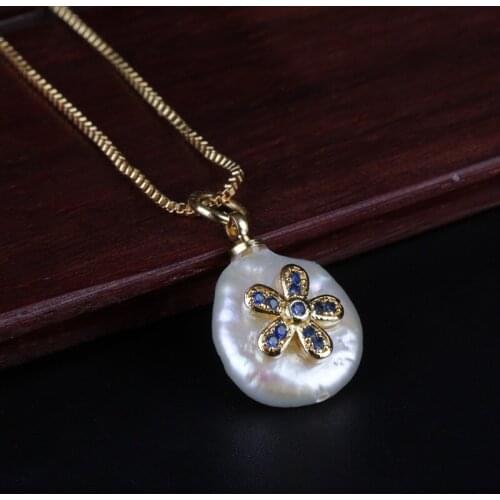 Tiny blue white cz flower charm natural coin freshwater pearl bead chic thin gold chain pendant choker necklace for women daily