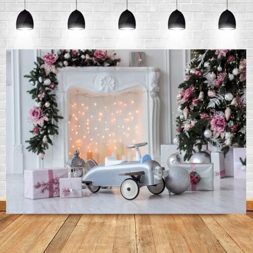 Laeacco Winter Christmas Background For Photography Boy Car Gifts Fireplace Party Photozone Photo Backdrop Photocall Photostudio