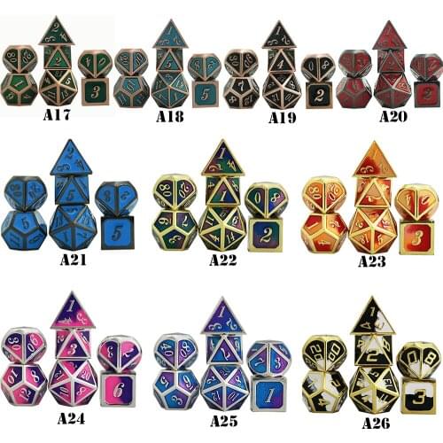 Top Grade Shiny Dice Set Metal 26 Styles +1pc Bag D4 D6 D8 D10 D12 D20 for Role Playing DND RPGs Board Game As Gift
