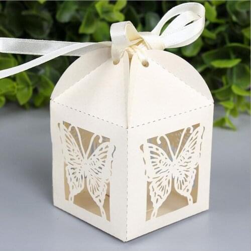 Wholesale- 50pcs Laser Cut big Butterfly hollow paper candy box wedding favor box baby shower gift box with ribbon