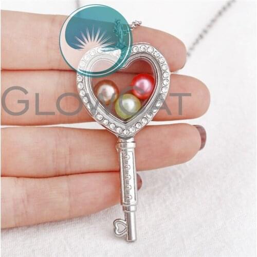 Rhinestone Heart Key Pendant Glass Floating Locket Necklace Bead Pearl Cage Making Gift For Women Jewelry