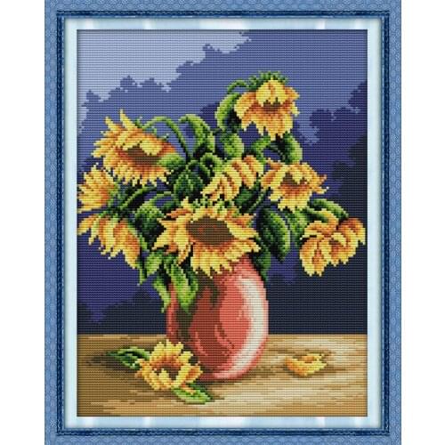 Sunflower Vase(3)FlowersCross Stitch Kits 14CT White Canvas 11CT Accurate Printed Embroidery DIY Handmade Needle Work Home Decor