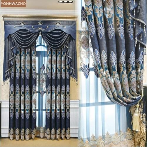 Custom curtain New high-grade villa chenille thick hollowed living room blue cloth blackout curtain valance tulle panel C419
