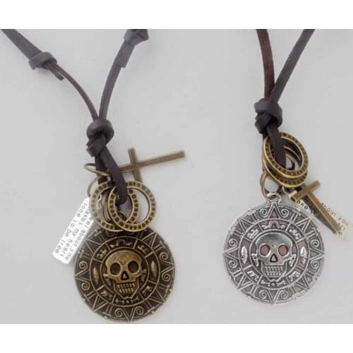 Factory Outlet necklaces & pendants Rock maxi necklace Genuine Leather Necklace Coin Printed Skull Pendant choker