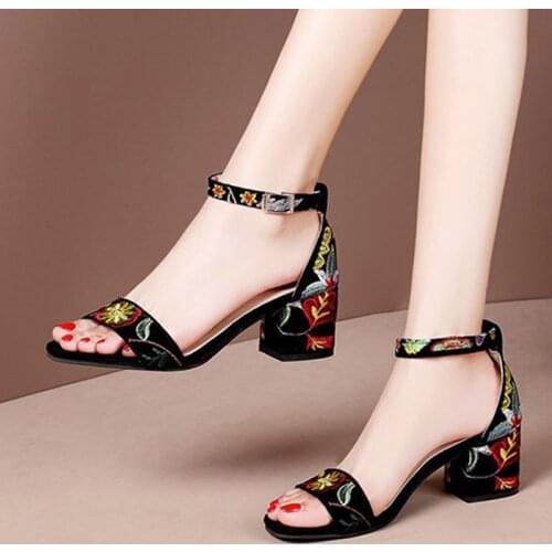 Plus Size 41 Summer Women Sandals Embroider Ankle Strap Sandal High Heels Dress Shoes Flower Ladies Shoes Sandalias Mujer