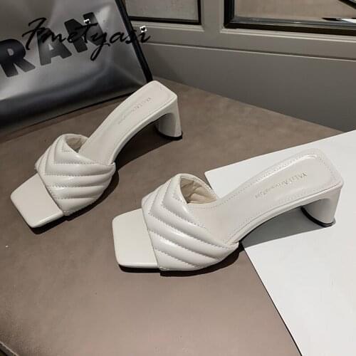 High-heeled Sandals for Women 2021 Slip-on Breathable Genuine Leather Striped Square Toe Chunky Heels Wear-resistant Rubber