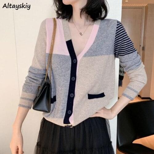 Cardigan Womens Autumn V-neck Long Sleeve Thin Patchwork Colorful Loose Elegant Leisure Korean Style Tops Outwear Knitted New