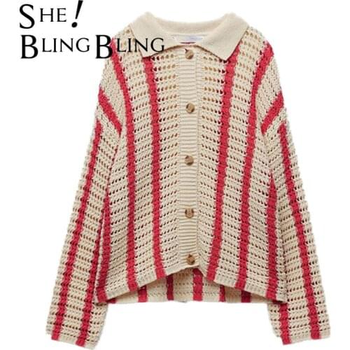 SheBlingBling Za Woman Knit Cardigans 2piece Set Stripe Loose Y2K Autumn Winter Chic Tops Traf Sweater Casual Shorts suit Pull