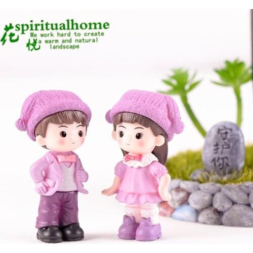 2pcs/set Purple Pink Miniature Ornaments Boy Girl Guitar Sweety Lovers Couple Figurines Craft Fairy Resin Dolls Wedding Access