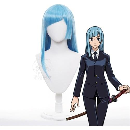 60cm Anime Jujutsu Kaisen Cosplay Miwa Kasumi Wig Role Playing Wigs Halloween Cosplay Long Light Blue Hair Wig Cap