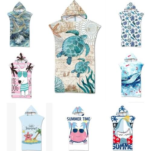 Free shipping Gift Sea Horse Turtle Starfish Seashell Conch Whale Shark Adult Children Hooded Towel Pool Bath Beach Poncho Towel