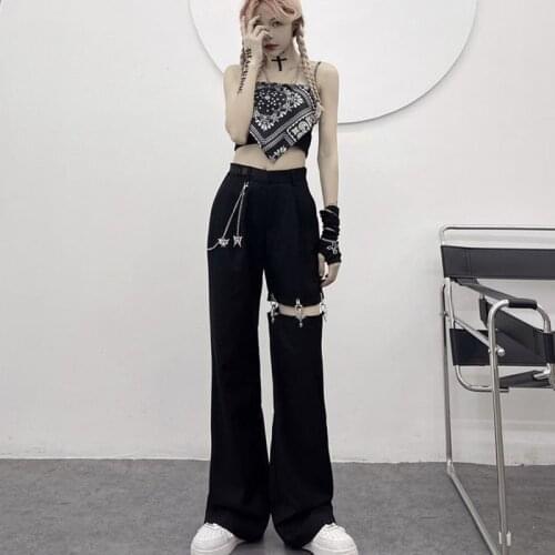 Womens Pants Dark Gothic Style Stitching Wide-leg Casual Pants Korean Fashion Straight Leg Harajuku Trousers Hip-hop Streetwear