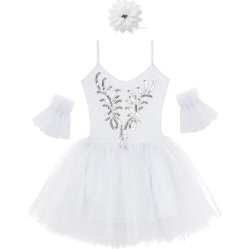 Kids Girls Children Dancewear Princess Sequins Ballet Dance Mesh Tulle Tutu Dress with Arm Sleeves Hair Clip Set for Performance