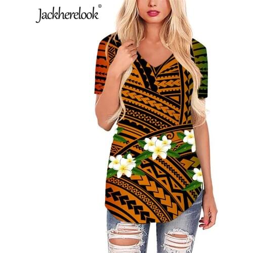 Jackherelook Summer Loose Woman T Shirts Casual Tops Tees Samoa Polynesian Print Floral Girls V Neck Short Sleeve Clothing Mujer